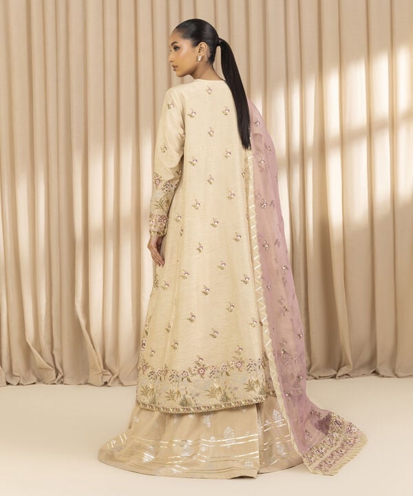 3 Piece - Embroidered Raw Silk Suit (Unstitched)
