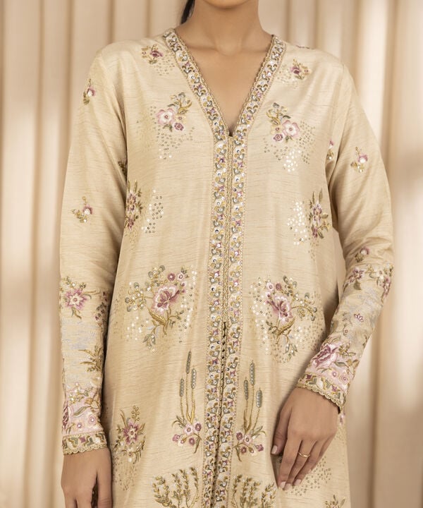 3 Piece - Embroidered Raw Silk Suit (Unstitched)