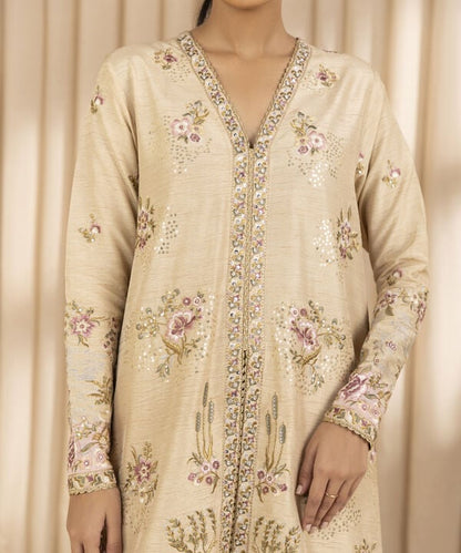 3 Piece - Embroidered Raw Silk Suit (Unstitched)