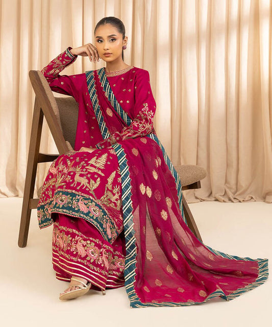 3 Piece - Embroidered Raw Silk Suit (Unstitched)