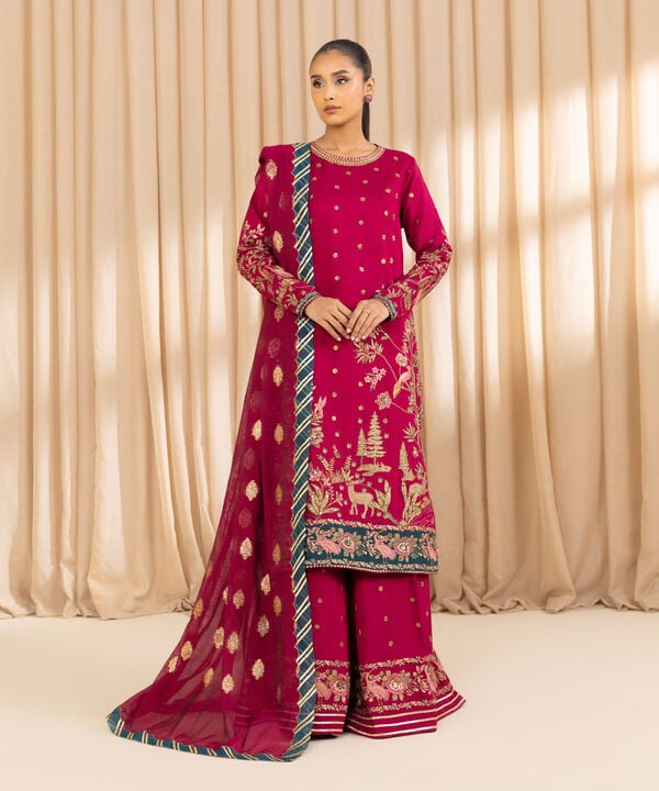 3 Piece - Embroidered Raw Silk Suit (Unstitched)