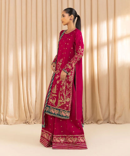3 Piece - Embroidered Raw Silk Suit (Unstitched)