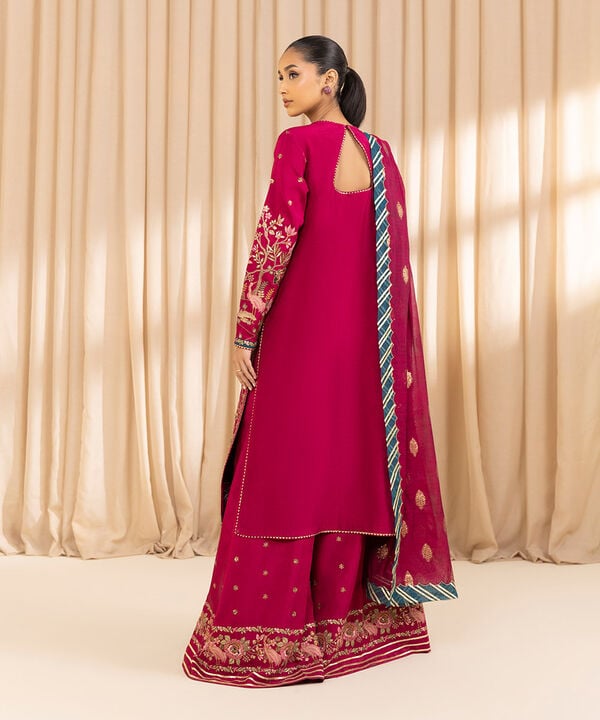 3 Piece - Embroidered Raw Silk Suit (Unstitched)