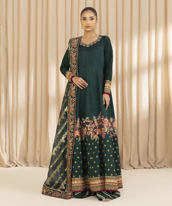 3 Piece - Embroidered Raw Silk Suit (Unstitched)