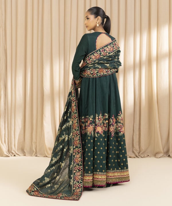 3 Piece - Embroidered Raw Silk Suit (Unstitched)