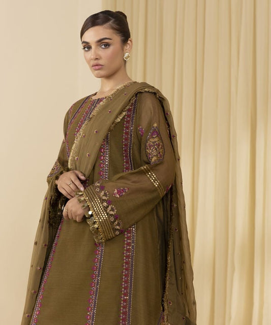 3 Piece - Embroidered Blended Net Suit (Unstitched)