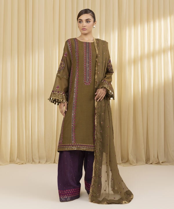 3 Piece - Embroidered Blended Net Suit (Unstitched)