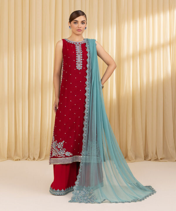 3 Piece - Embroidered Blended Net Suit (Unstitched)