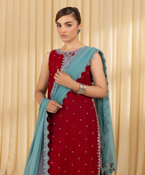 3 Piece - Embroidered Blended Net Suit (Unstitched)