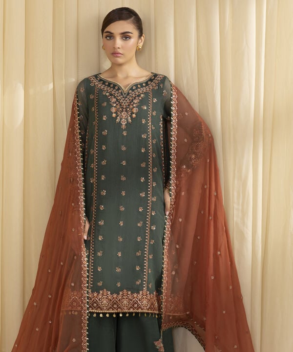 3 Piece - Embroidered Blended Net Suit (Unstitched)
