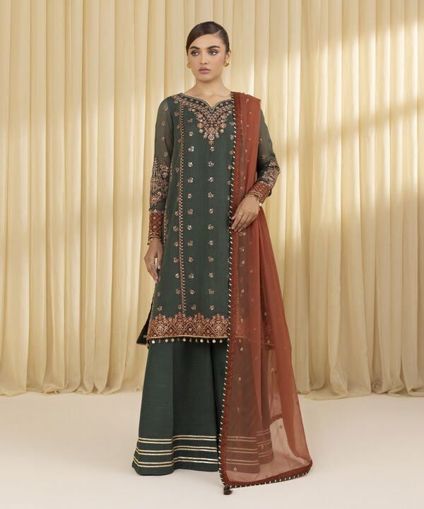 3 Piece - Embroidered Blended Net Suit (Unstitched)