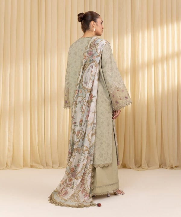 3 Piece - Embroidered Cotton Jacquard Suit (Unstitched)