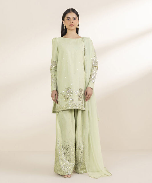 3 Piece - Embroidered Chambray Suit (Unstitched)