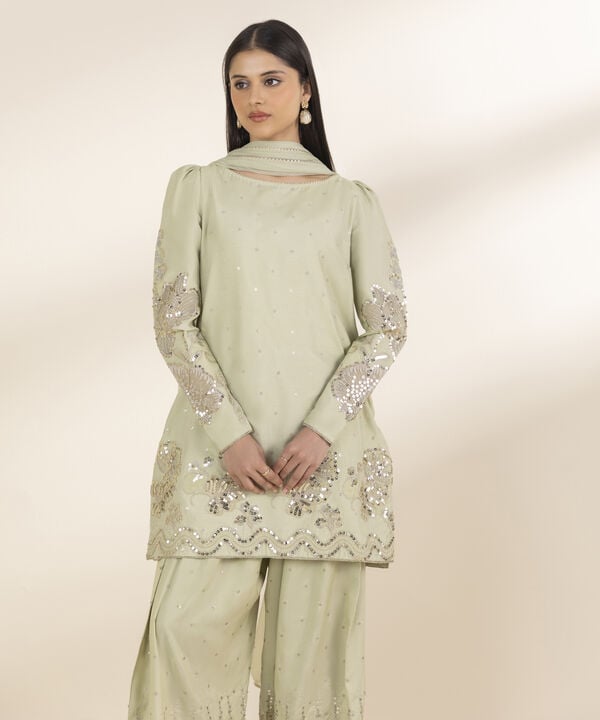 3 Piece - Embroidered Chambray Suit (Unstitched)