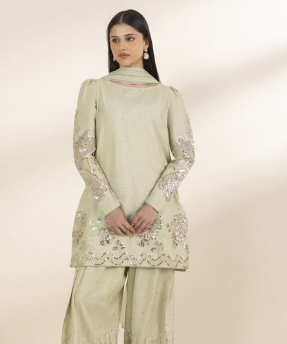 3 Piece - Embroidered Chambray Suit (Unstitched)