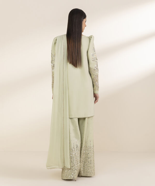 3 Piece - Embroidered Chambray Suit (Unstitched)