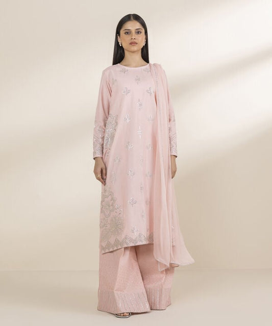 3 Piece - Embroidered Chambray Suit (Unstitched)