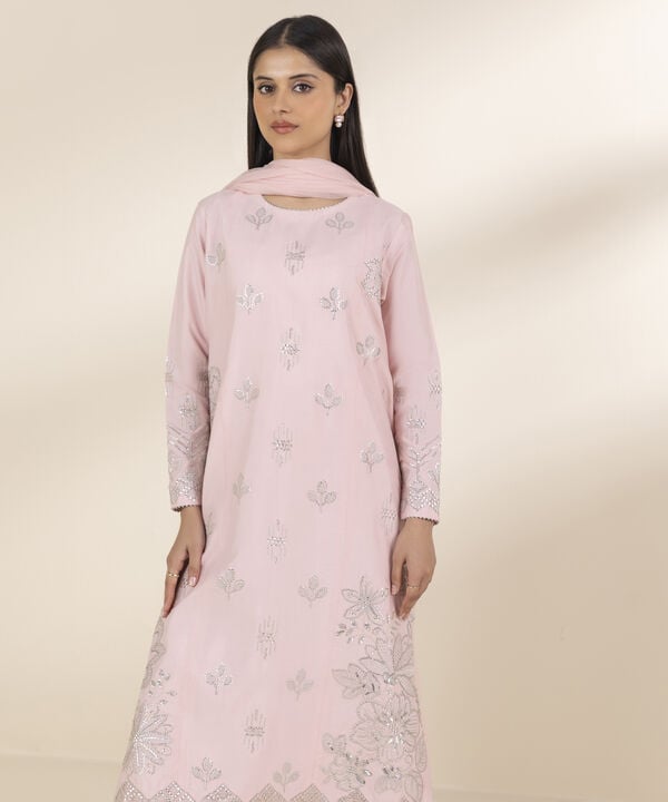 3 Piece - Embroidered Chambray Suit (Unstitched)