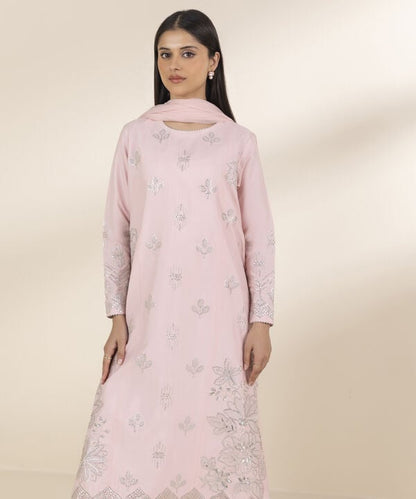 3 Piece - Embroidered Chambray Suit (Unstitched)