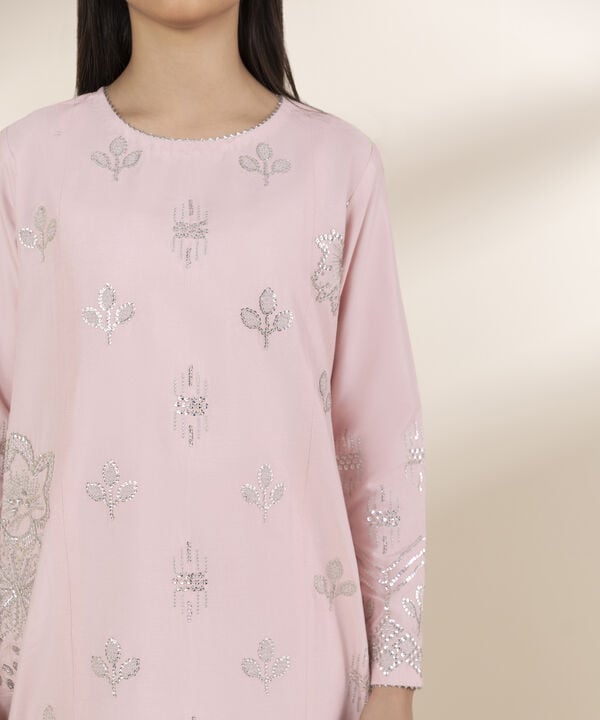 3 Piece - Embroidered Chambray Suit (Unstitched)