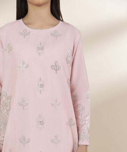 3 Piece - Embroidered Chambray Suit (Unstitched)