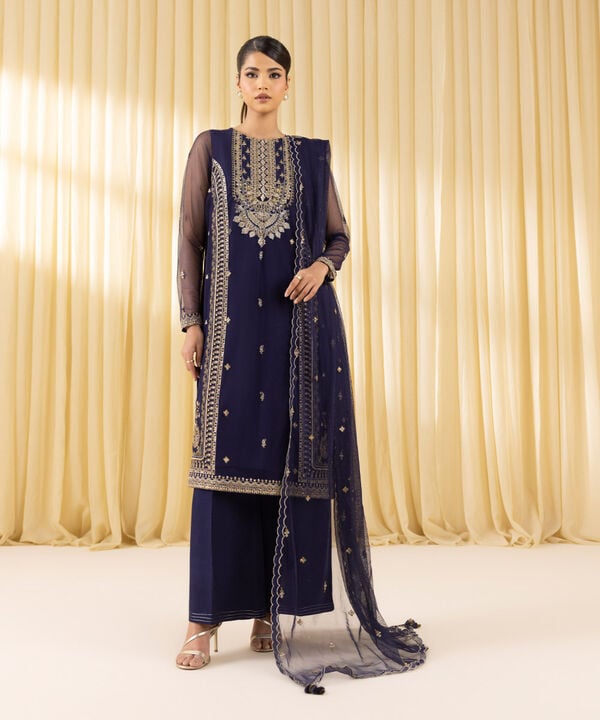 3 Piece - Embroidered Net Suit (Unstitched)
