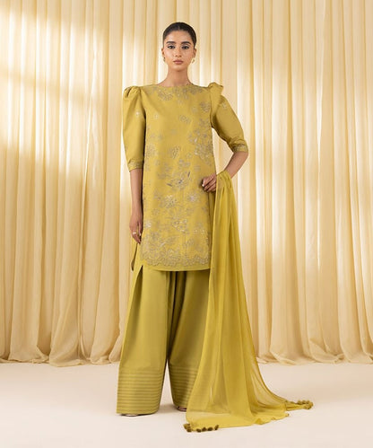 3 Piece - Embroidered Cotton Satin Suit (Unstitched)