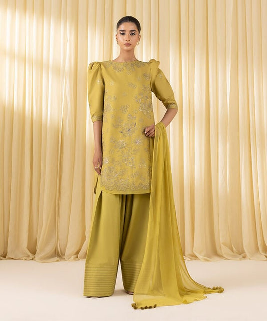 3 Piece - Embroidered Cotton Satin Suit (Unstitched)