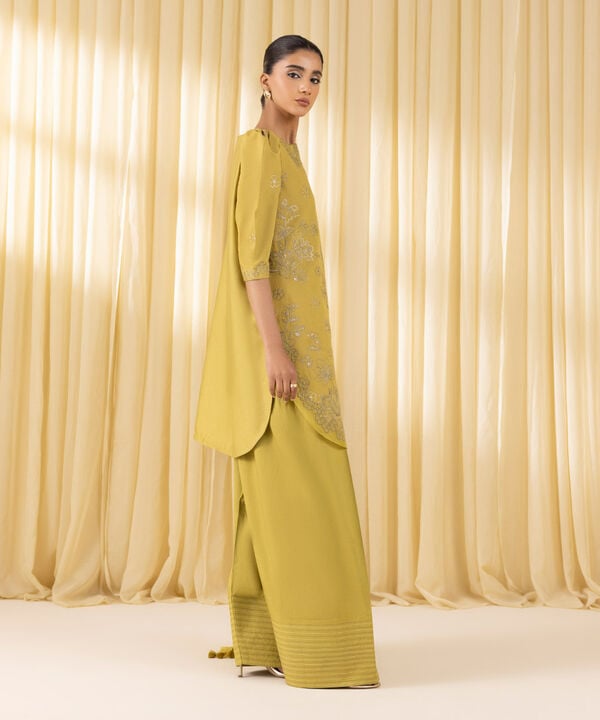 3 Piece - Embroidered Cotton Satin Suit (Unstitched)