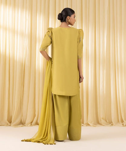 3 Piece - Embroidered Cotton Satin Suit (Unstitched)