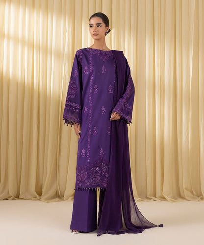 3 Piece - Embroidered Cotton Satin Suit (Unstitched)