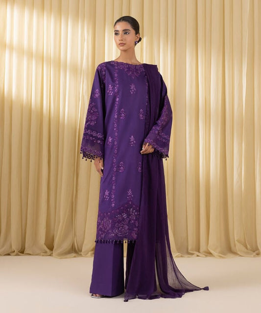3 Piece - Embroidered Cotton Satin Suit (Unstitched)