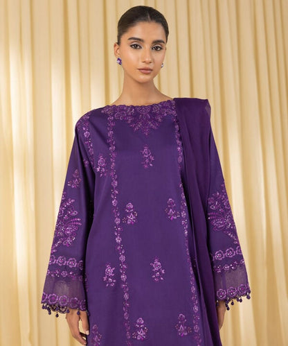 3 Piece - Embroidered Cotton Satin Suit (Unstitched)