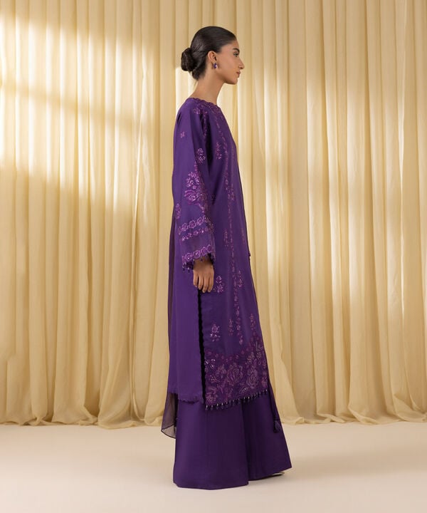 3 Piece - Embroidered Cotton Satin Suit (Unstitched)