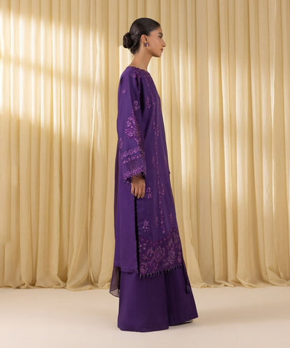 3 Piece - Embroidered Cotton Satin Suit (Unstitched)