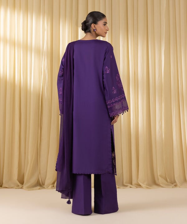 3 Piece - Embroidered Cotton Satin Suit (Unstitched)