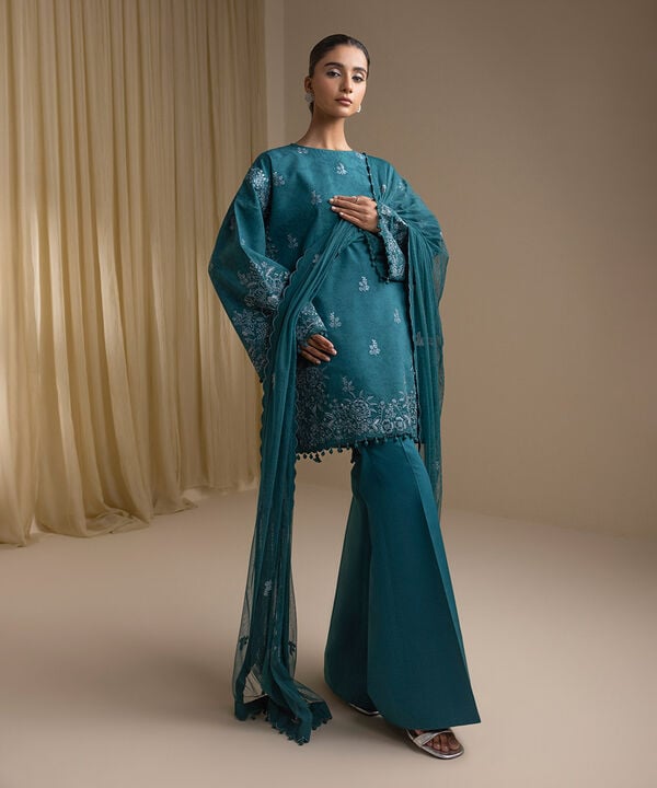 3 Piece - Embroidered Cotton Jacquard Suit (Unstitched)