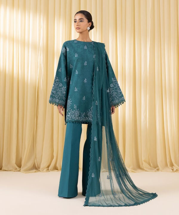 3 Piece - Embroidered Cotton Jacquard Suit (Unstitched)