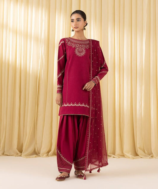 3 Piece - Embroidered Dobby Suit (Unstitched)