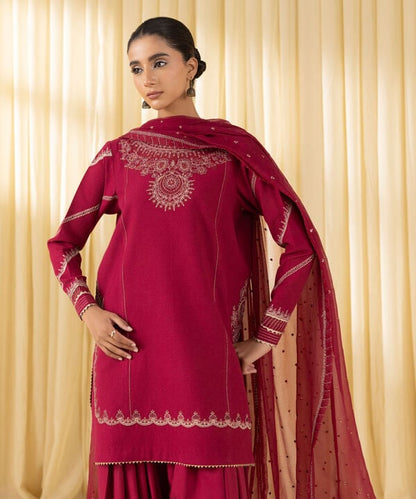 3 Piece - Embroidered Dobby Suit (Unstitched)