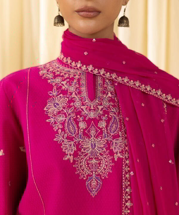 3 Piece - Embroidered Dobby Suit (Unstitched)