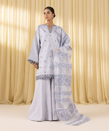 3 Piece - Embroidered Cotton Satin Suit (Unstitched)