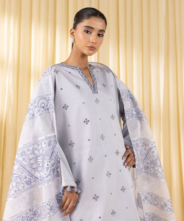 3 Piece - Embroidered Cotton Satin Suit (Unstitched)