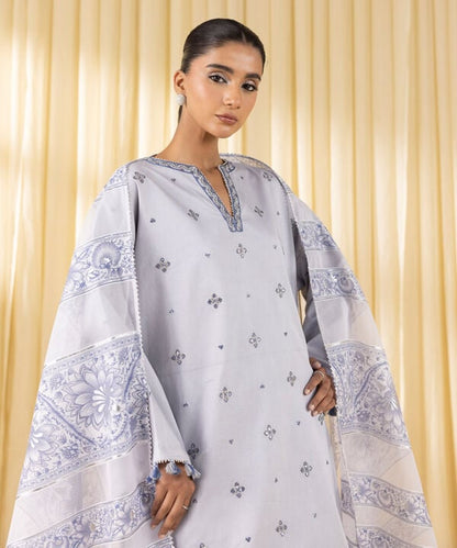 3 Piece - Embroidered Cotton Satin Suit (Unstitched)