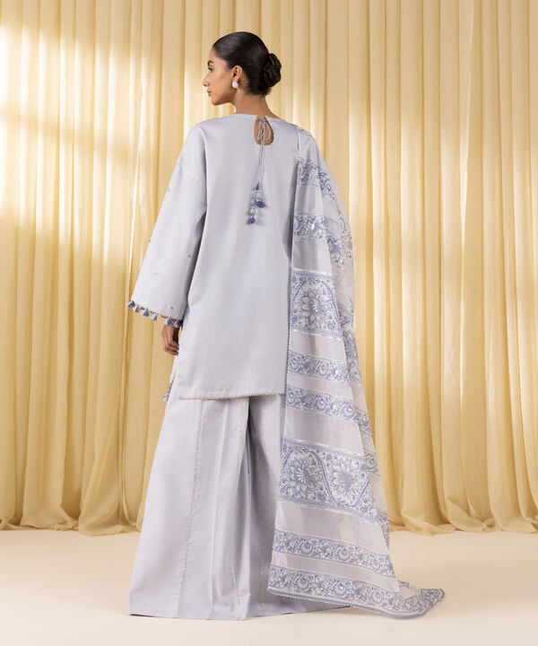 3 Piece - Embroidered Cotton Satin Suit (Unstitched)
