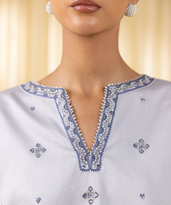 3 Piece - Embroidered Cotton Satin Suit (Unstitched)