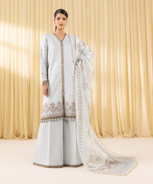 3 Piece - Embroidered Cotton Satin Suit (Unstitched)