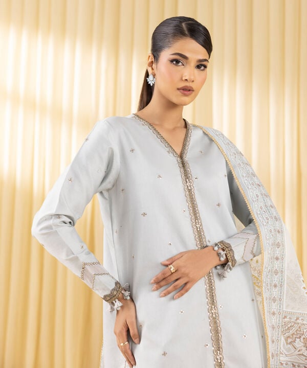 3 Piece - Embroidered Cotton Satin Suit (Unstitched)