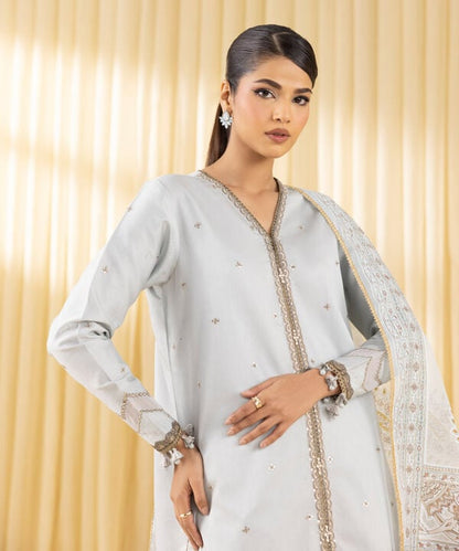 3 Piece - Embroidered Cotton Satin Suit (Unstitched)