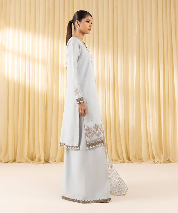 3 Piece - Embroidered Cotton Satin Suit (Unstitched)